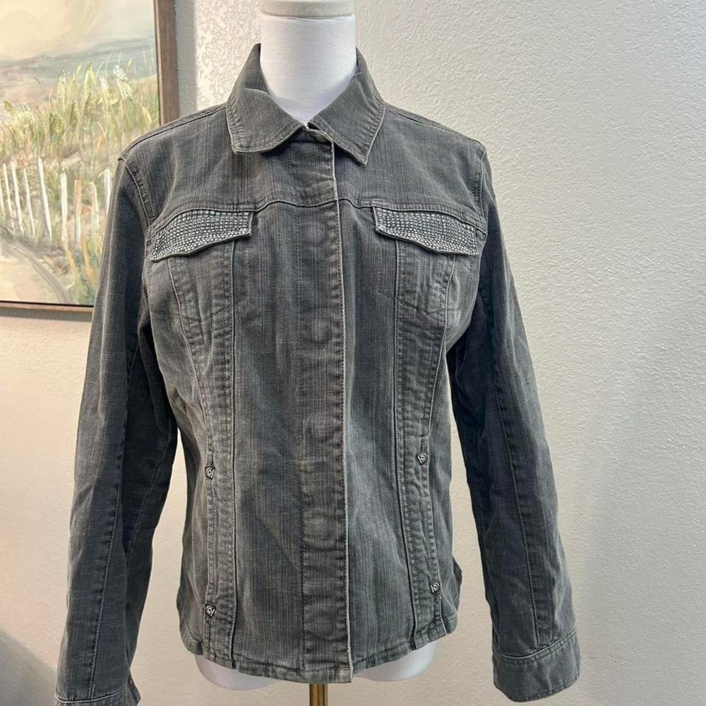Chico's Platinum Gray Denim Jacket ‎ Rhinestone Detail Size 1 (M/L)